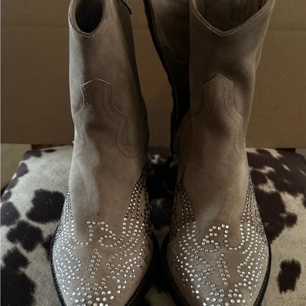 Reba Chic Tan Suede Ankle Boots with Rhinestone Accents